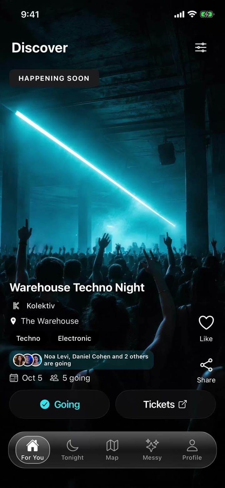 An event card in the Mess feed showing the producer and friends who are going