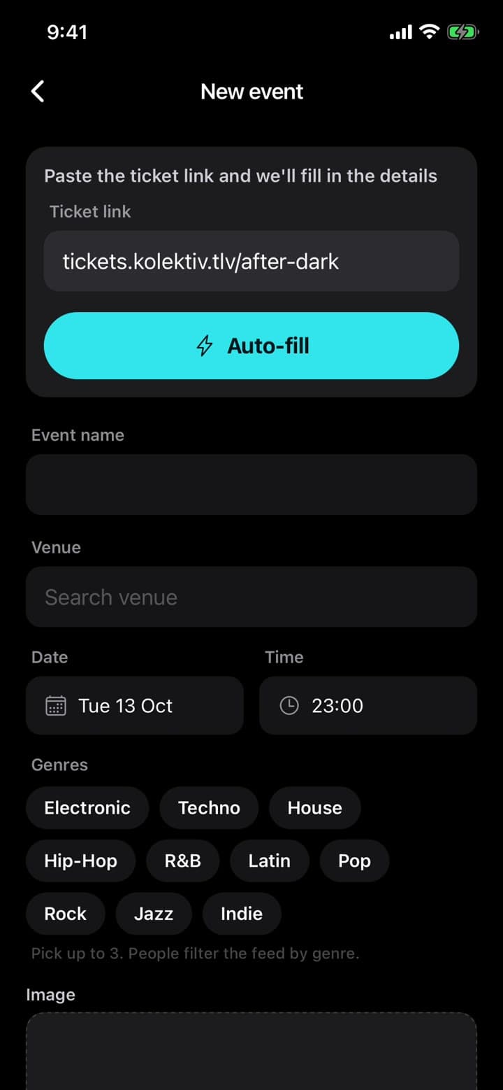 The new event screen with a ticket link and auto-fill