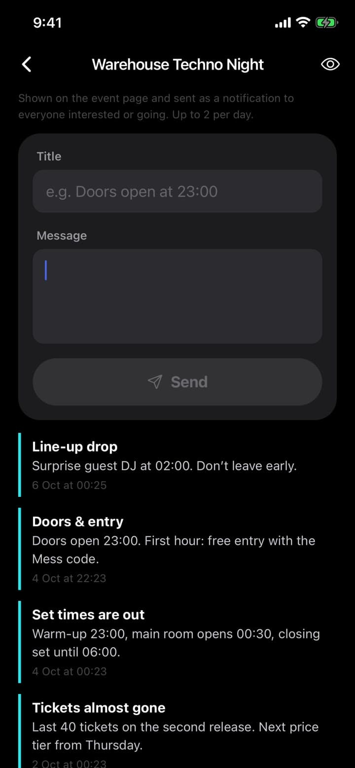 The updates composer with earlier announcements to attendees